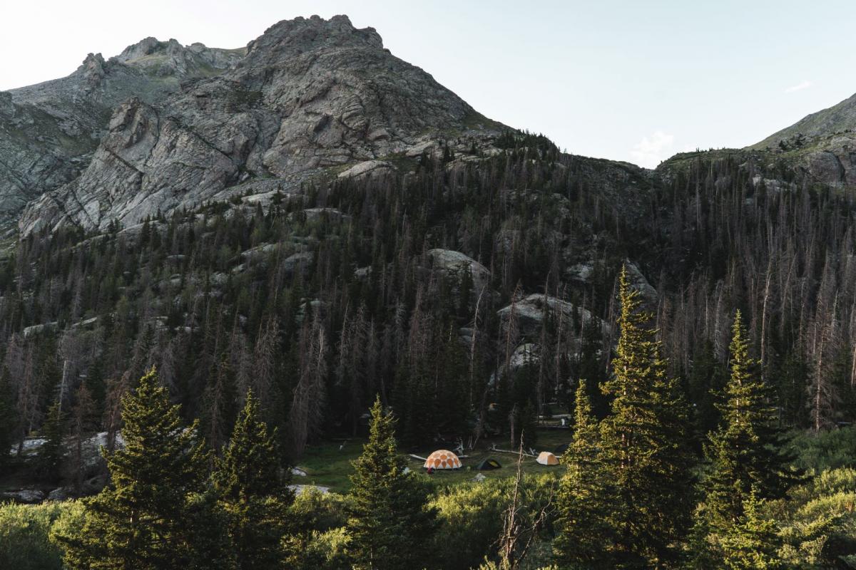 Campsite surrounded by pine trees and jagged mountains