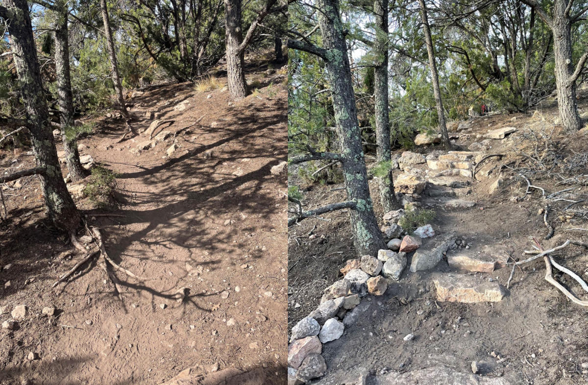 Rock steps built by RMFI crew and volunteers on a Shelf Road approach trail, 2022. 