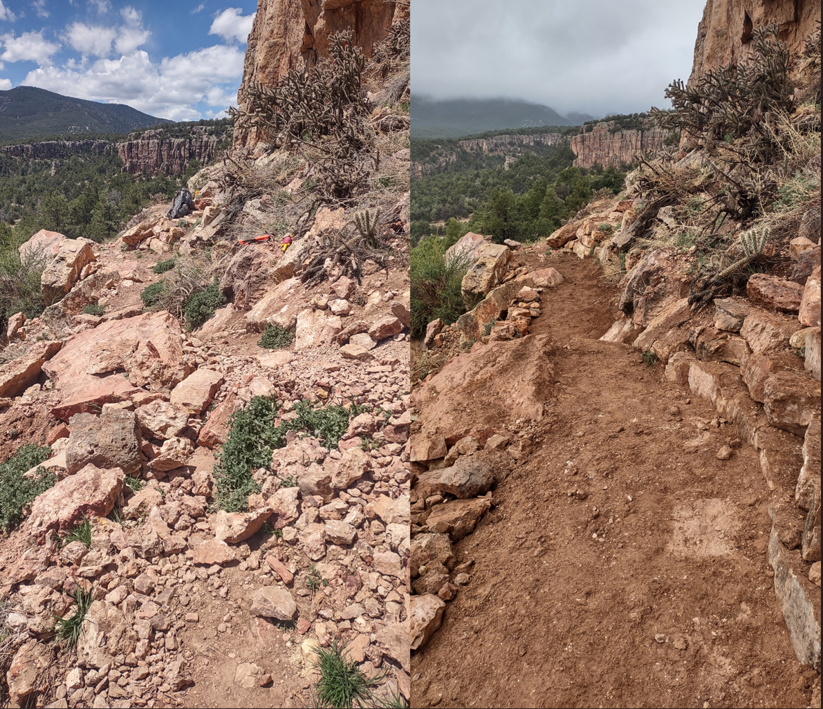 Trail refinement and rock retaining wall built by RMFI crews at Cactus Cliffs, 2025. 