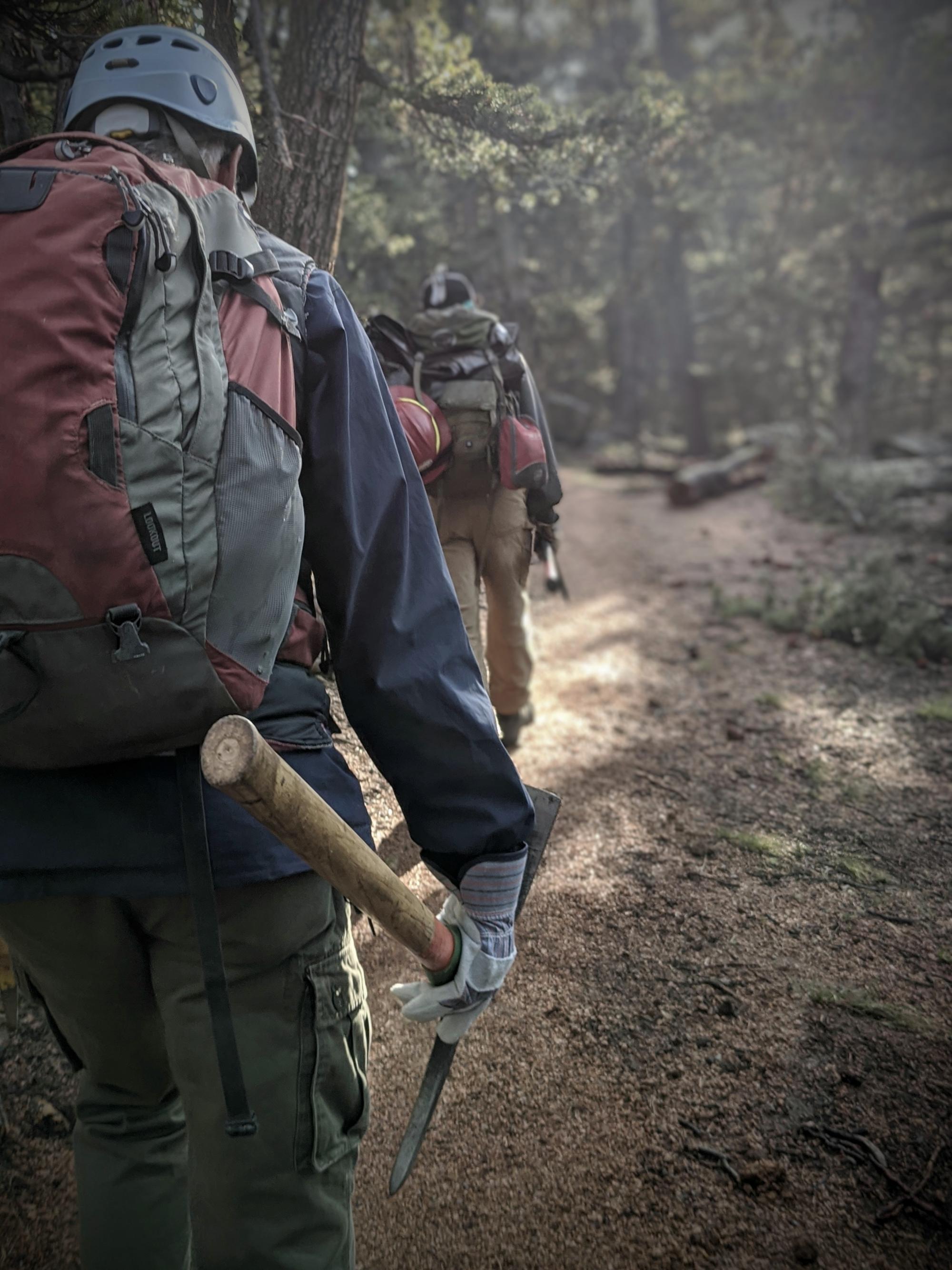 Photo of volunteers walking up the trail with tools