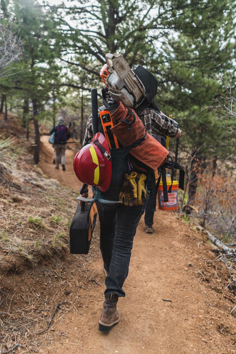 RMFI Staff carrying a chainsaw and additional tools